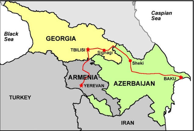 Map of Georgia, Armenia, and Azerbaijan with highlighted routes and cities.