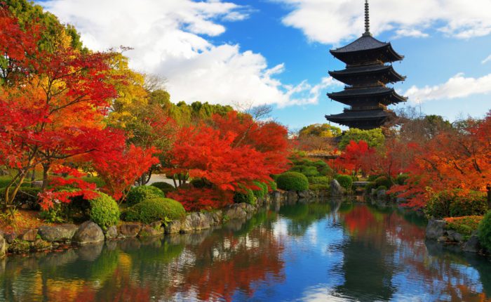 To-ji Temple in Kyoto features Japan's tallest wooden pagoda, a UNESCO site built in 796, and hosts a vibrant flea market.