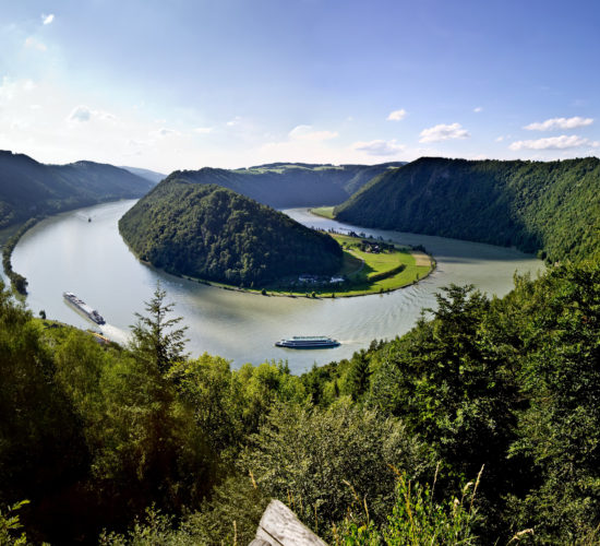 Cycling along the scenic Danube River with a boat in the background, part of the Danube Boat & Bike tour featuring picturesque landscapes, European countryside, and cultural landmarks.